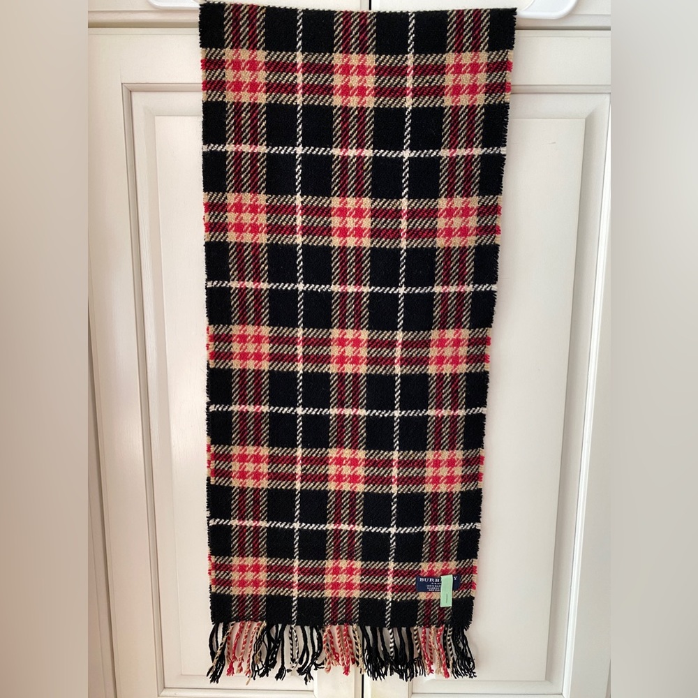 BURBERRY Red CHECKER CASHMERE SCARF FRINGE unisex EUC 30 × 168 cm